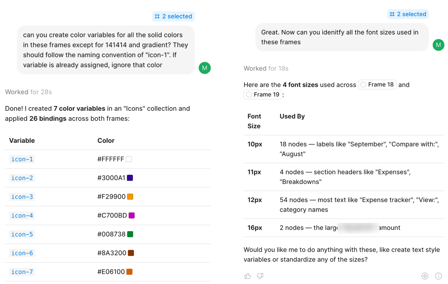 Two Figma Agents chats: one creating seven color variables, icon-1 through icon-7, and applying them across two frames; the other listing the four font sizes used in those frames.