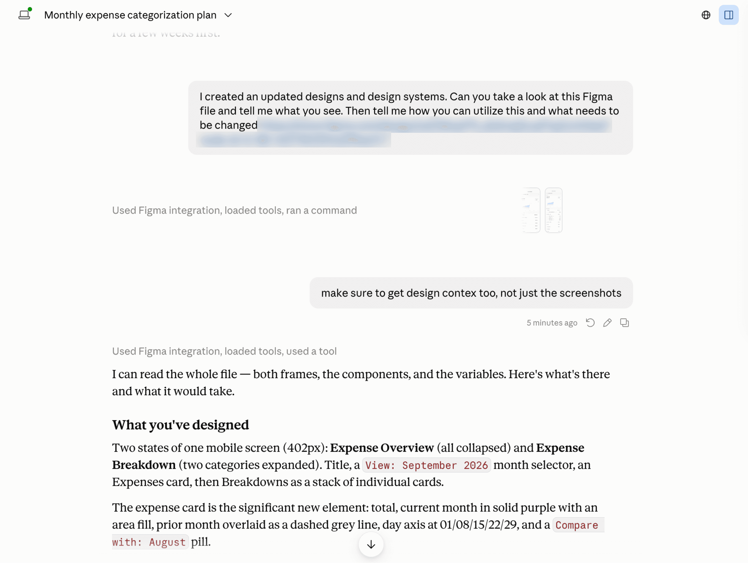 Claude chat where I share my updated Figma designs and design system and ask what needs to change; Claude summarizes what it found in the file.