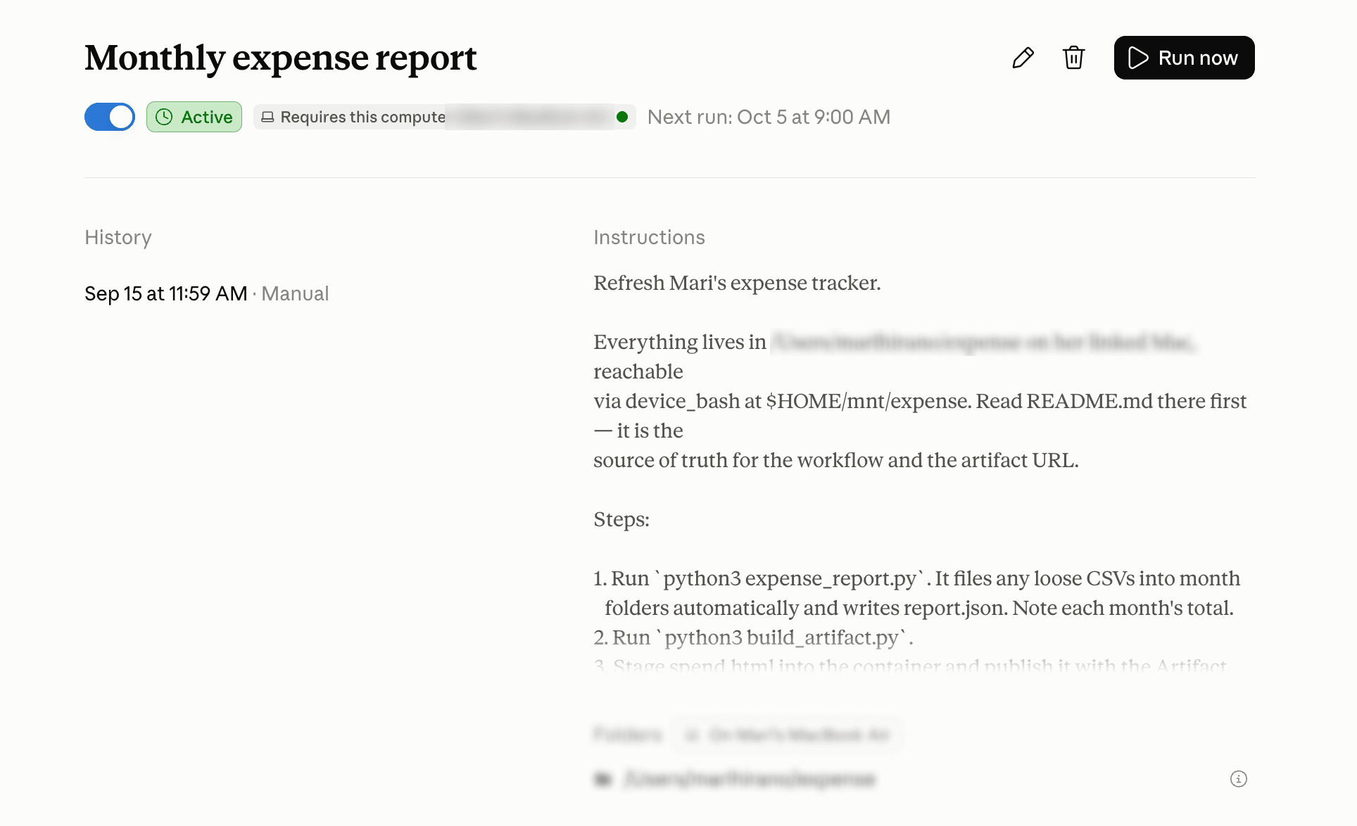 Claude's "Monthly expense report" scheduled task, active and next running Oct 5 at 9:00 AM, with its step-by-step instructions.