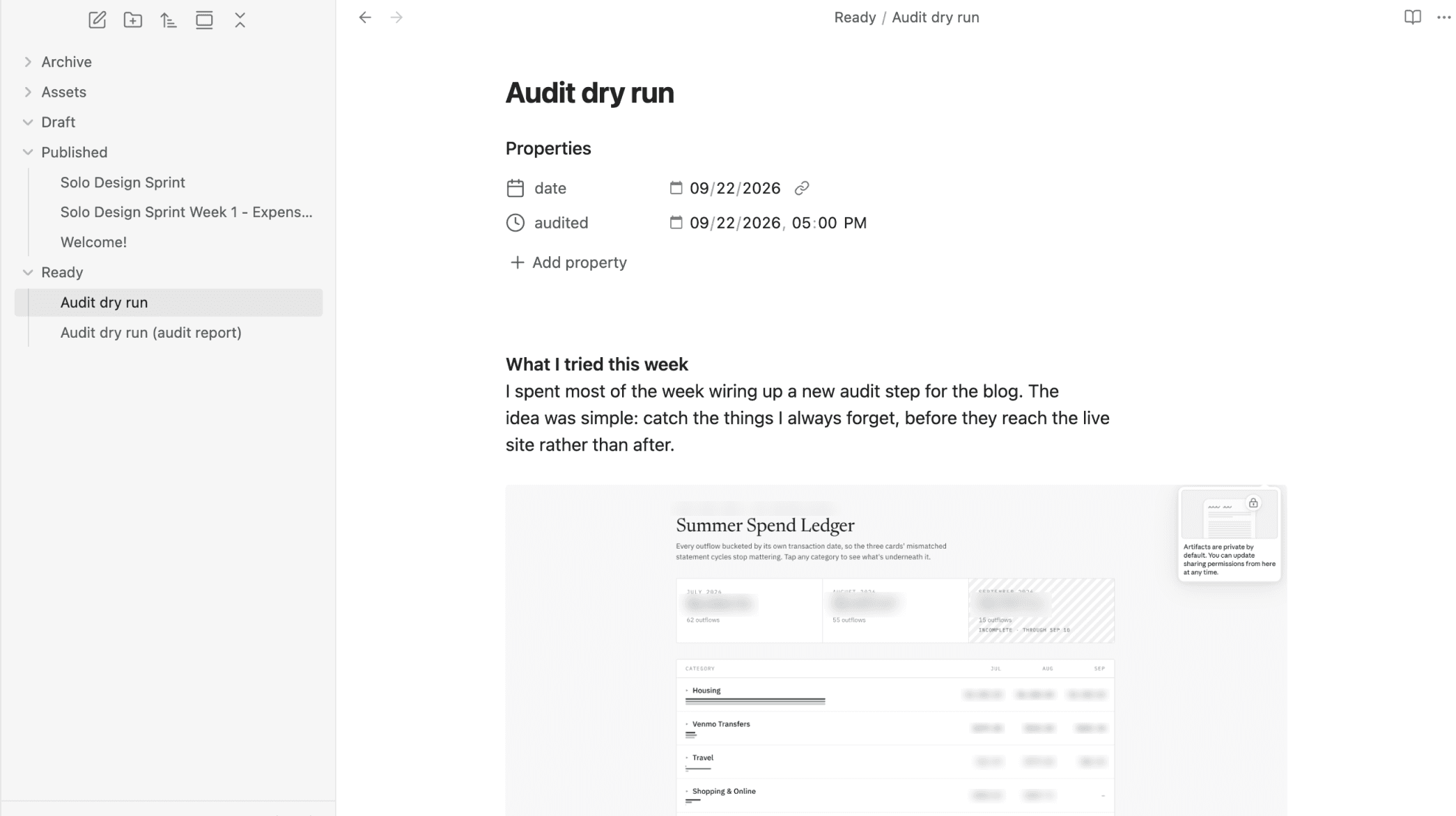 Obsidian showing a test note called "Audit dry run" in the Ready folder, with date and audited properties above a screenshot of a spending ledger