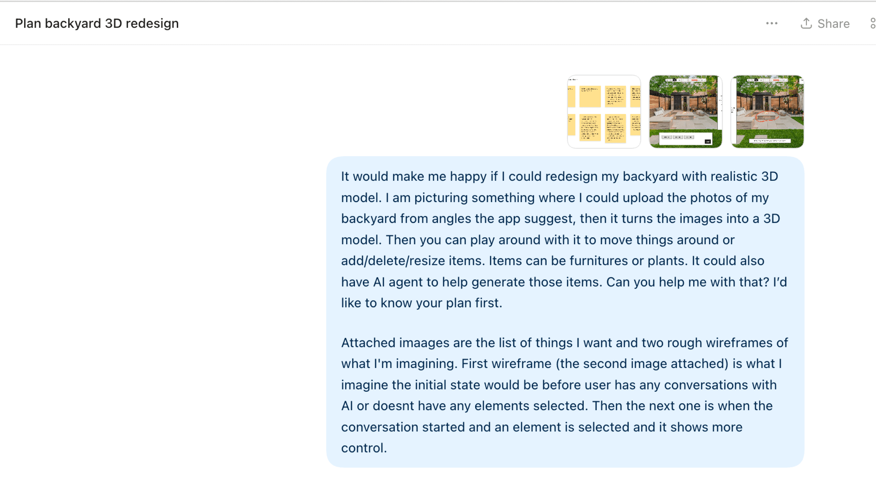 The prompt to Codex, asking for an app to redesign the backyard on a realistic 3D model, with a list of wanted features and two rough wireframes attached