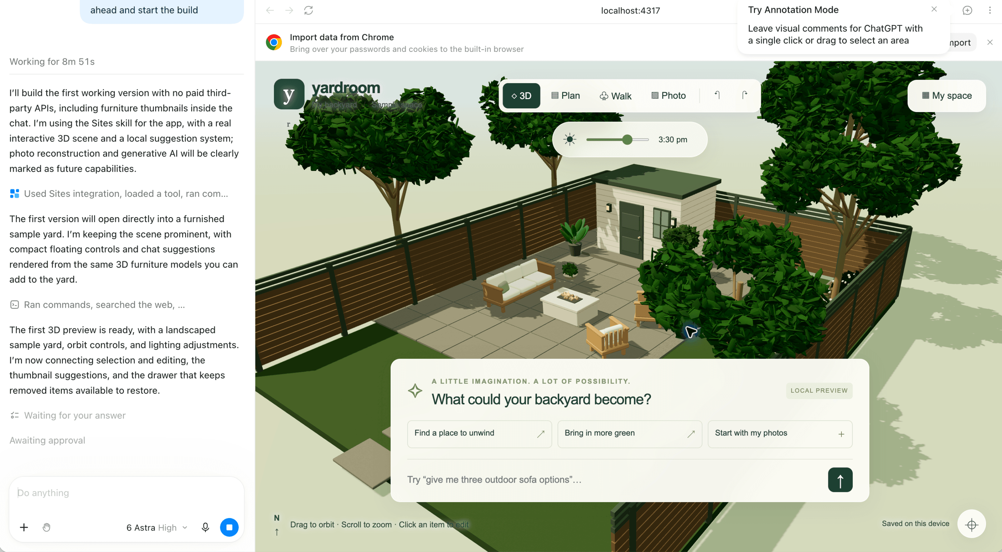 Codex's first version, an app called yardroom: a sample walled yard with a shed, sofa, fire pit and trees, view modes and a time-of-day slider along the top, and an AI prompt box asking "What could your backyard become?"