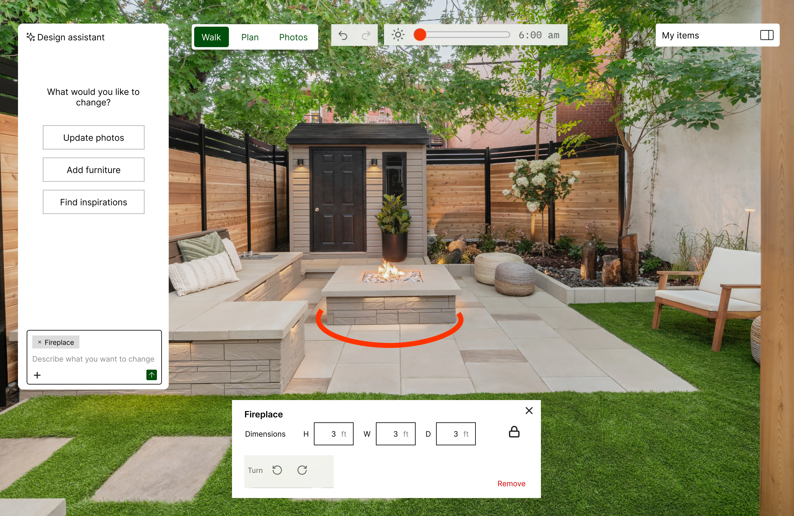 Wireframe of the AI design assistant: a chat panel beside a photo-real backyard, with the fire pit selected and its dimensions, turn and remove controls in a panel below