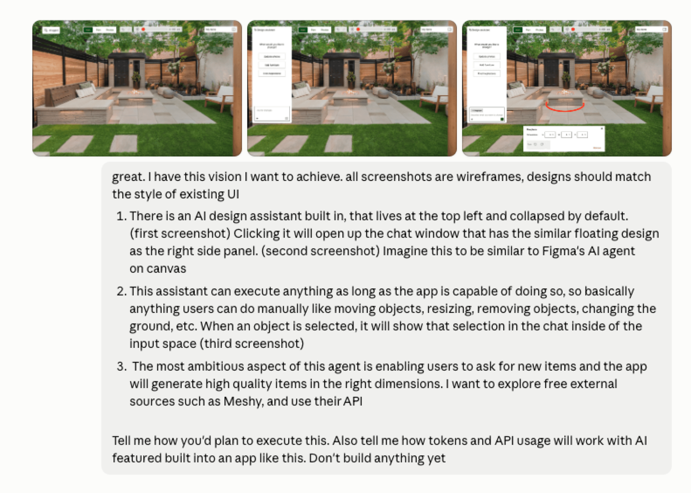 The prompt describing the AI design assistant, with three wireframes showing it collapsed, open, and with the fire pit selected