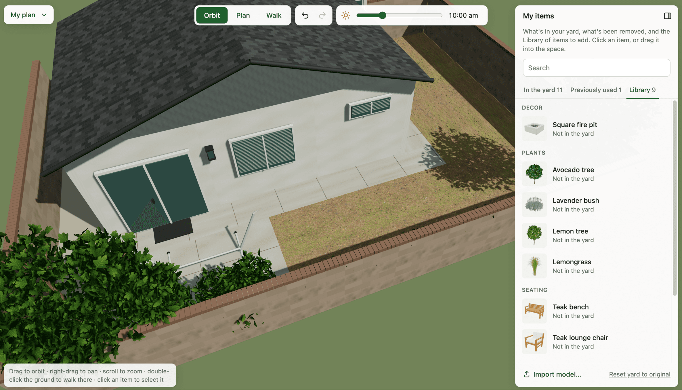 The finished app: the 3D backyard in Orbit view at 10:00 am, beside a My items panel listing library items such as a square fire pit, avocado tree, lavender bush, lemon tree, lemongrass, teak bench and teak lounge chair